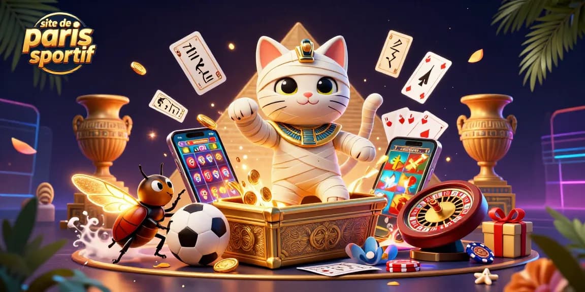 Visualisez le site de paris sportif avec un chat momifié égyptien et des éléments de jeux dans un casino dynamique.