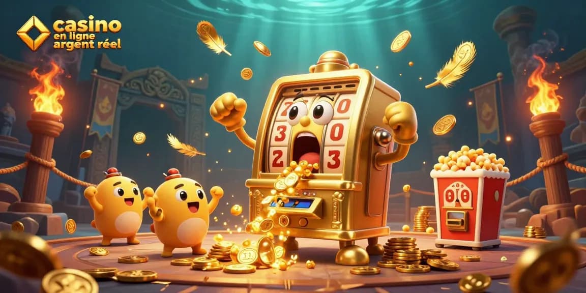 Les machines à sous dorées, symboles de casino en ligne argent réel, célèbrent le jackpot dans un décor vibrant.