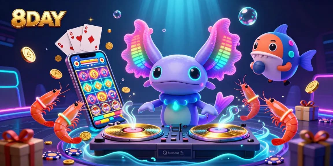 A neon-themed 8DAY casino scene with a DJ axolotl and dynamic slot games, immersing players in a vibrant gambling experience.