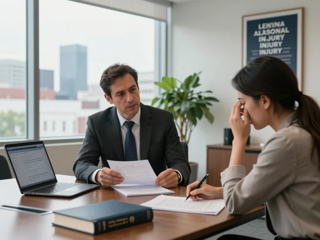 Alexandria personal injury lawyer consulting with a distressed client in a modern law office setting.