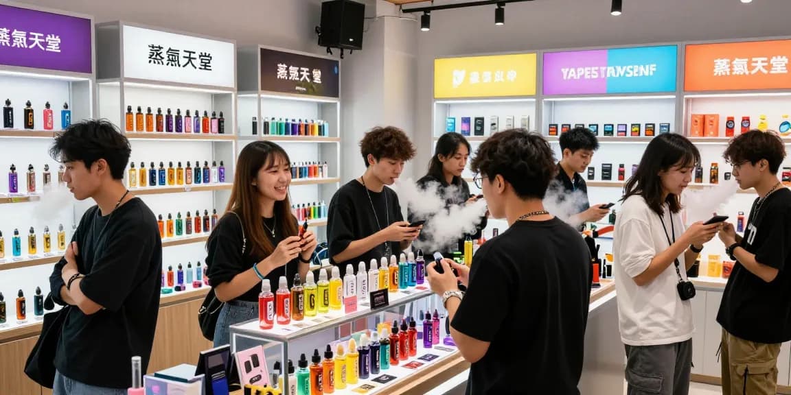 Diverse group enjoying flavors at 蒸氣天堂 vape shop with modern devices and vibrant atmosphere.