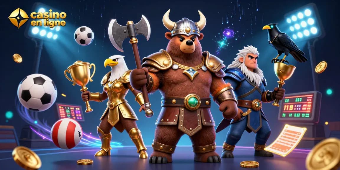 Jouez à casino en ligne avec notre illustration 3D dynamique et colorée d'un ours Viking et d'une aigle Valkyrie.