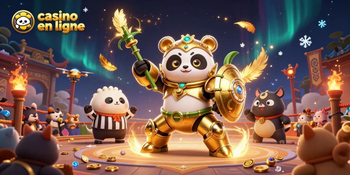 Illustration dynamique d'un panda doré en combinaison de méca dans un casino en ligne rempli d'effets lumineux.
