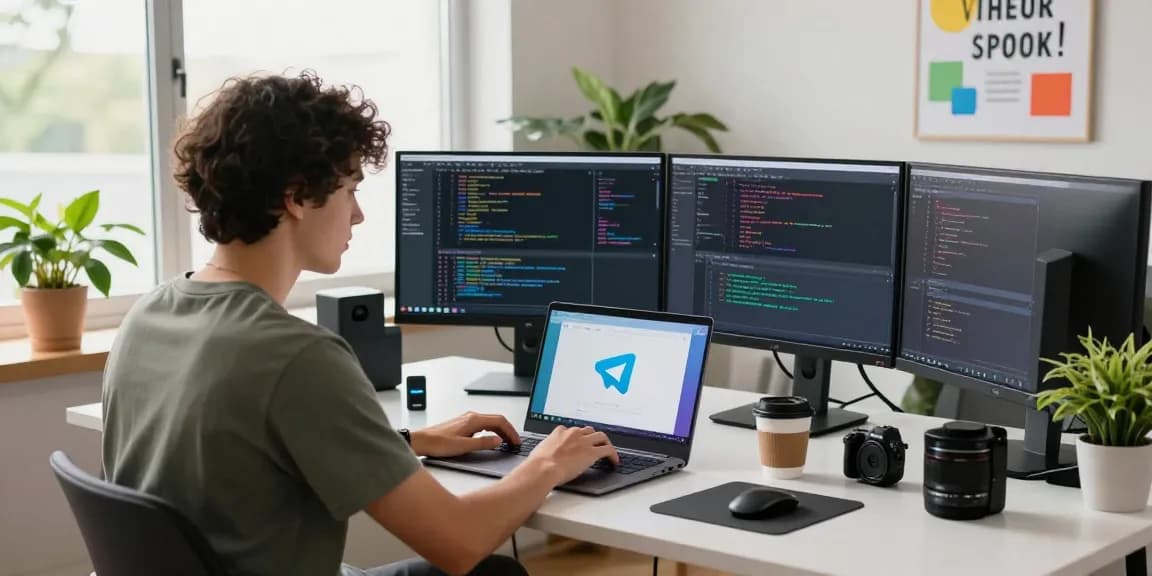 Developer working on Telegram software at a vibrant workspace, showcasing 纸飞机中文版 in a productive tech environment.