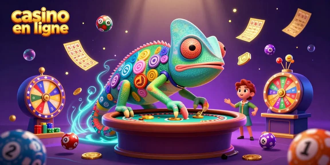 Vivez l'expérience captivante du casino en ligne avec un caméléon acteur dominé par des symboles de jeu.