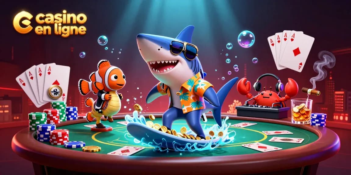 Illustration d'une scène vivante de casino en ligne avec un requin marteau et une carte de poker, plein de couleurs vives.