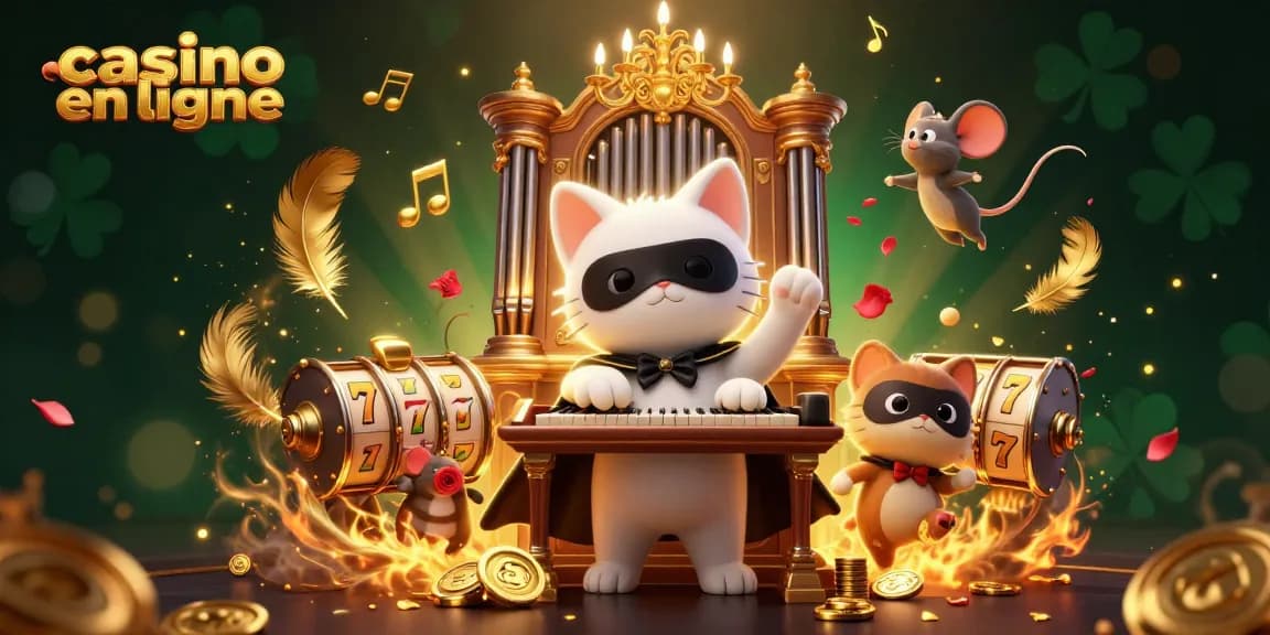 Découvrez un chat masqué au casino en ligne, entouré de jetons d'or et de rouleaux de machines à sous.