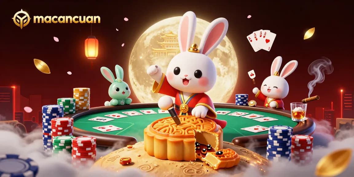 macancuan menghadirkan ilustrasi kasino dengan kelinci bulan yang sedang memukulkan kue bulan dan chip poker berkilauan