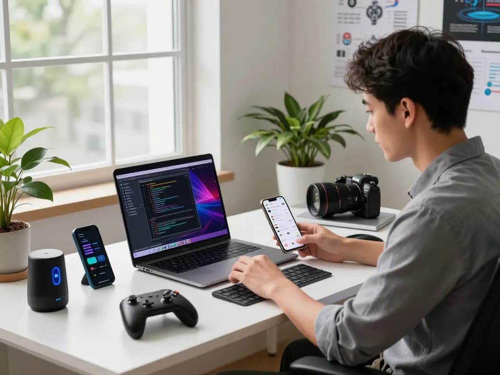 Innovative tech gadgets showcased in a modern workspace with a laptop, Bluetooth keyboard, and smartphone notifications.