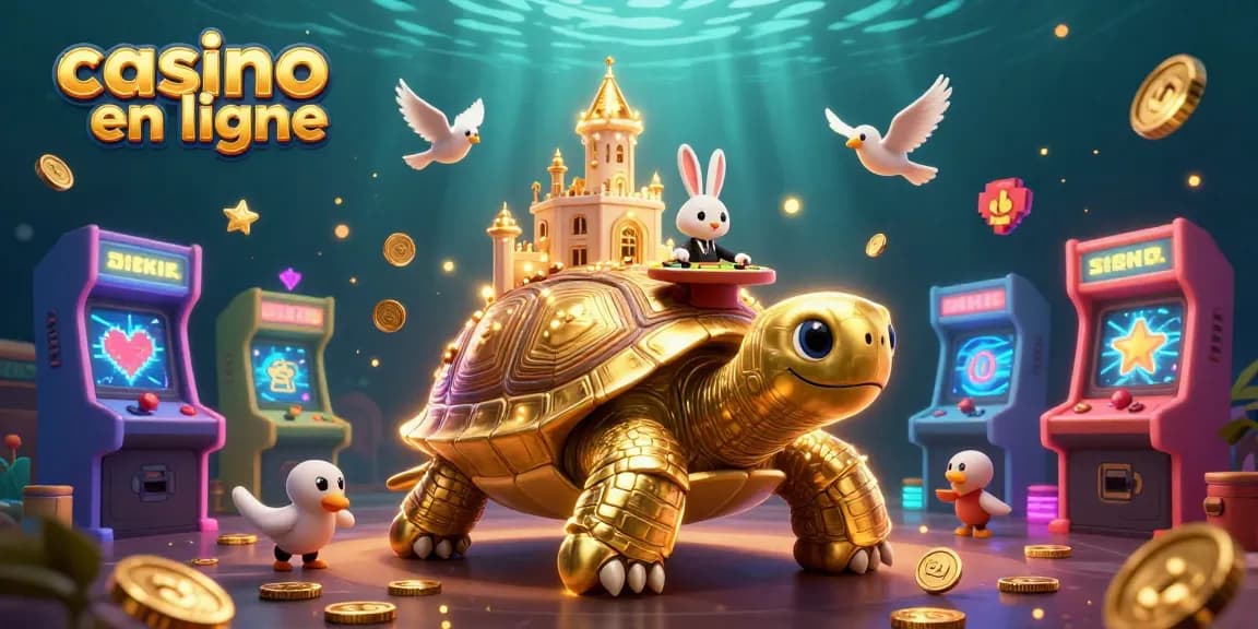 Venez gagner avec casino en ligne où une tortue géante porte un casino miniaturisé.
