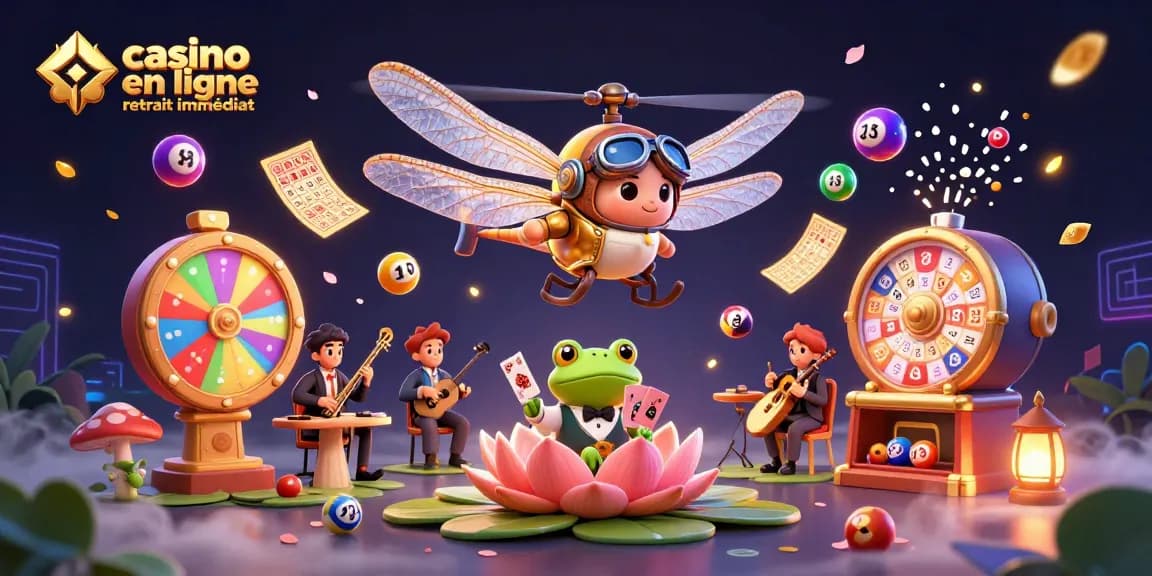 Jouez à casino en ligne retrait immédiat avec un pilote de libellule et un croupier grenouille dans une scène dynamique.