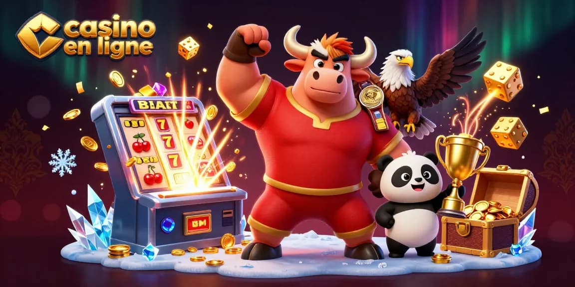 Jouer au casino en ligne avec un taureau, un aigle et un panda, célébrant avec des gains éclatants.