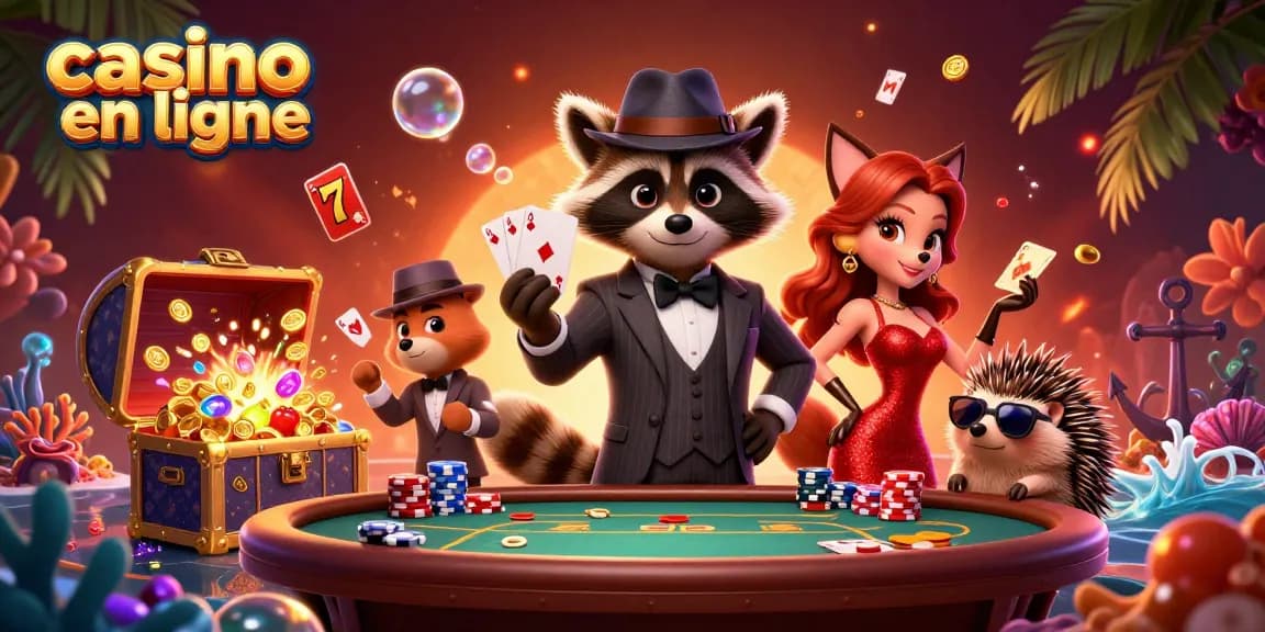 Illustration captivante de casino en ligne avec un raton laveur, une renarde charmante et un hérisson garde, entourés de jeux de cartes.