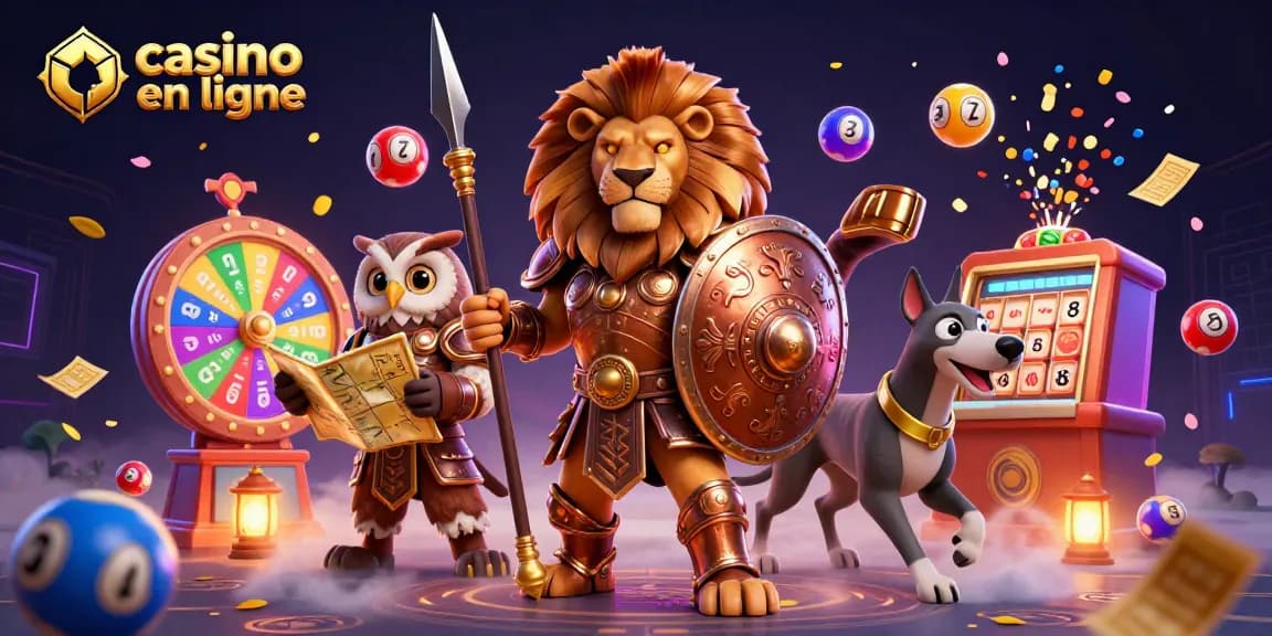 Gagnez avec casino en ligne entouré de personnages et éléments de loterie colorés