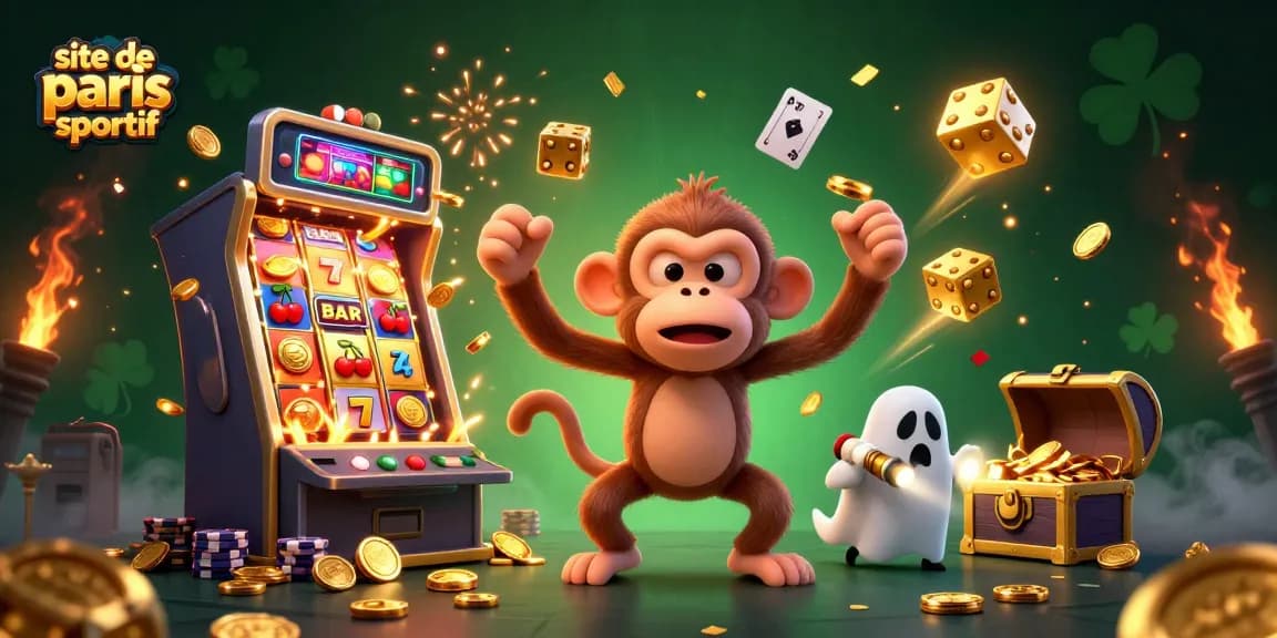 Illustration dynamique de "site de paris sportif" avec des personnages de casino interagissant dans une scène de jackpot animée.