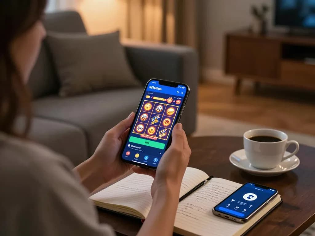 Player enjoying the 58win app for slots in a cozy living room setting, engaging in responsible gaming.