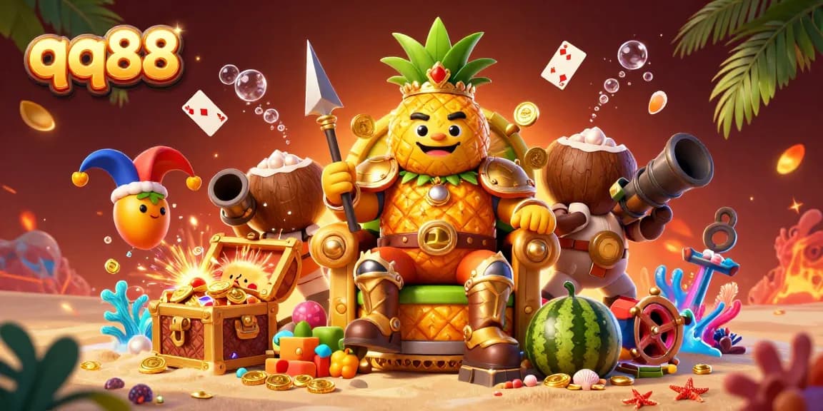Bet big with qq88's vibrant 3D casino scene featuring a golden pineapple king and exciting gaming elements.