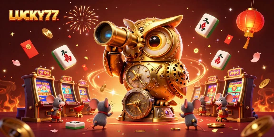 Engage with LUCKY77's vibrant casino universe filled with golden owls and charming characters.