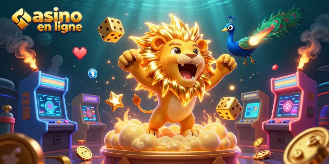 Illustration animée d'un lion solaire et des dés dorés pour le casino en ligne.