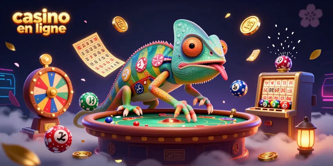 Vivez le frisson du casino en ligne avec notre illustration colorée et dynamique d'un chameleon géant récoltant des pièces d'or.