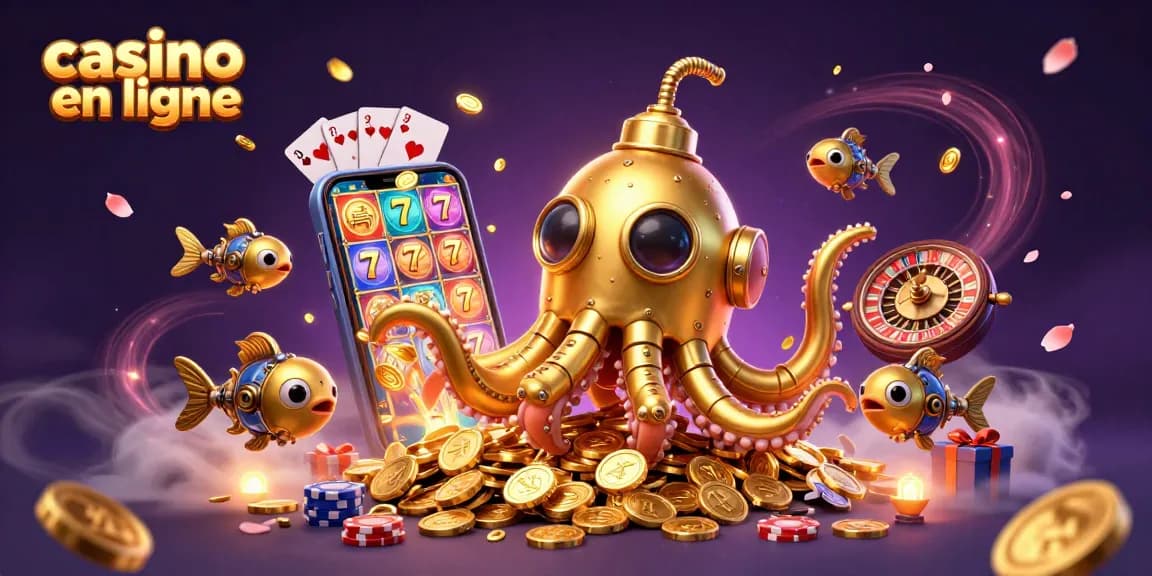 Illustration dynamique d'un kraken doré et des éléments du casino en ligne, jeux de cartes et jetons.