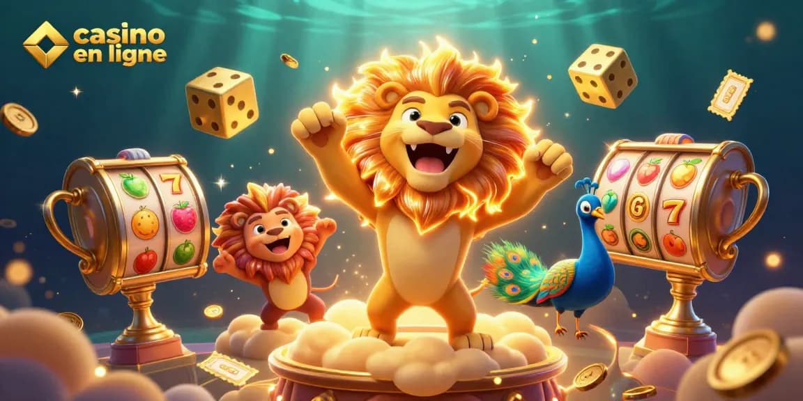 Visualisez l'extraordinaire ambiance du casino en ligne avec un lion rayonnant et des dés d'or, plein de dynamisme.