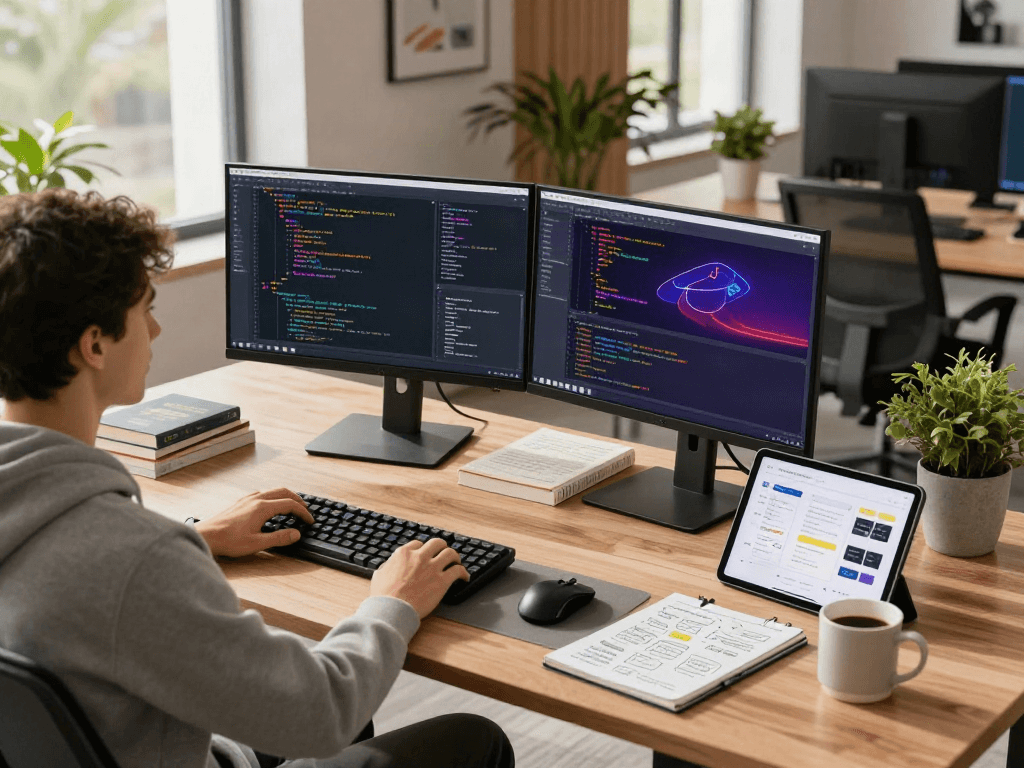 Software developer working with code on dual monitors in a modern tech workspace, featuring bro138 gadgets and vibrant UI designs.