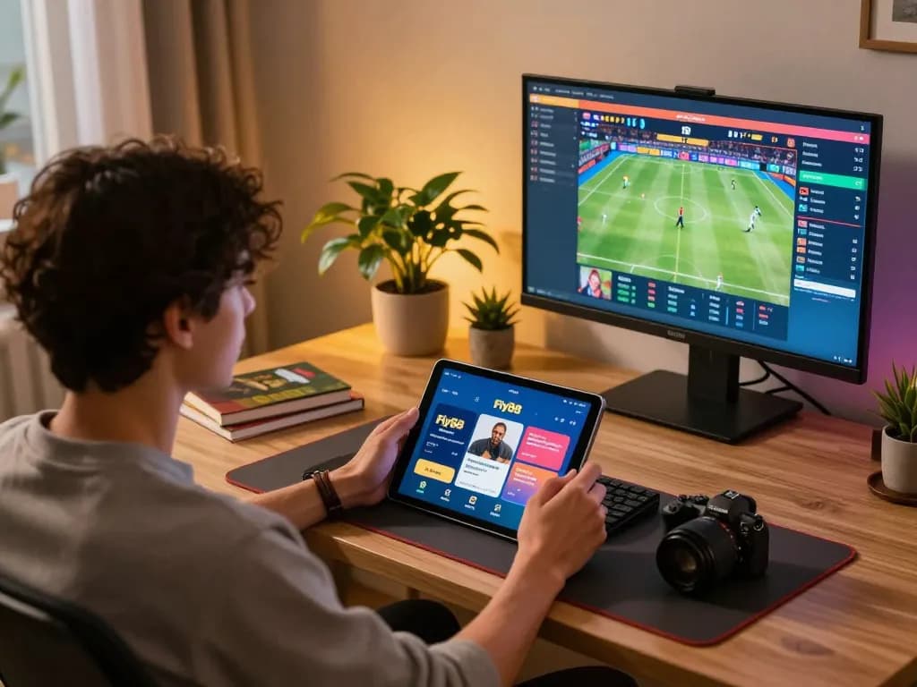 Person engaging with Fly88 select app on tablet for online betting, highlighting comfortable gaming setup.