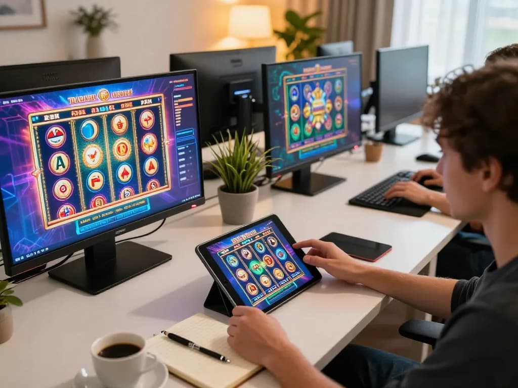 Engaging with exciting 3win slot games on a tablet in a cozy home setting