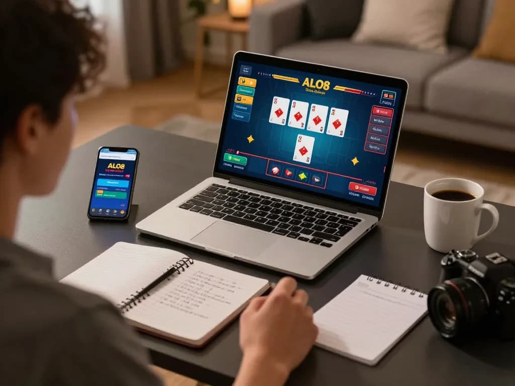 Player engaged in online baccarat on ALO8, showcasing mobile app and strategy notes in a cozy setting.
