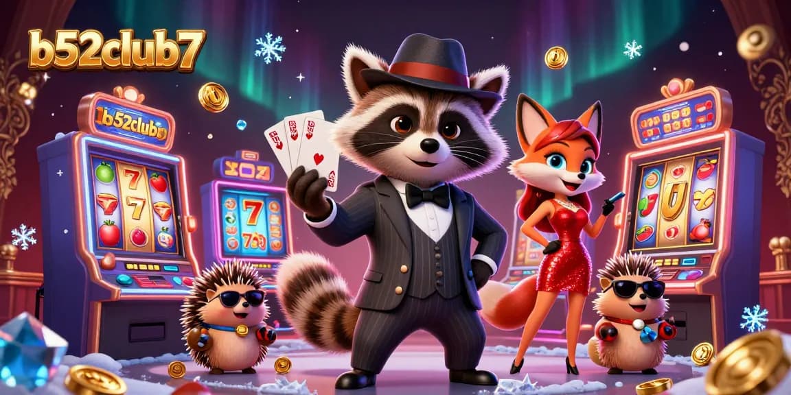 Join the excitement at b52club7 with a suave raccoon, a stylish fox, and a hedgehog bouncer amid colorful slot machines.