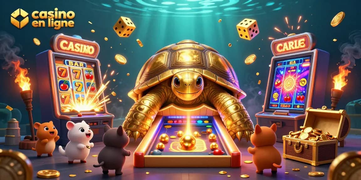 Jouez à des jeux de casino en ligne avec une tortue cartoonesque et des machines à sous brillantes.