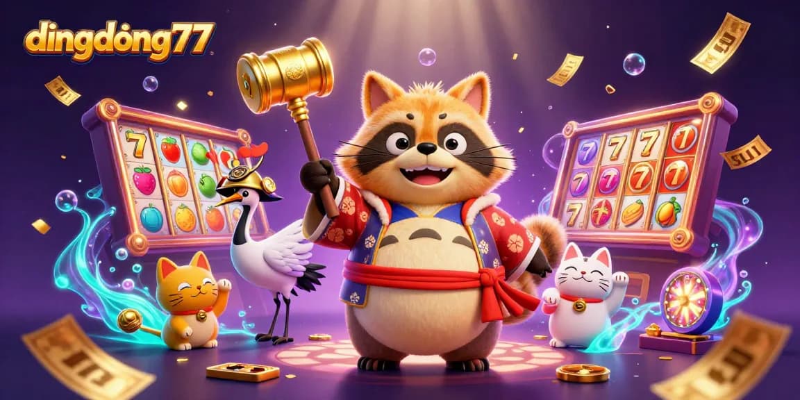 Experience the excitement of dingdong77's online slots with a vibrant 3D casino scene featuring lucky symbols and characters.