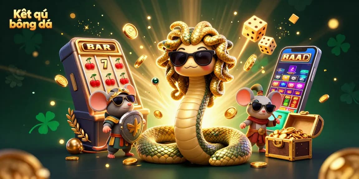 Kết quả bóng đá illustration with Medusa, warrior mouse, and casino elements showing vibrant action and excitement.