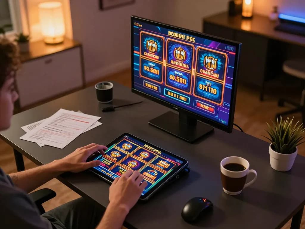 Play at 78win's mobile platform in a cozy home setting with vibrant slot games.
