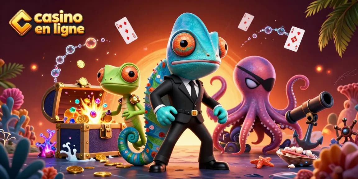 Découvrez l'univers du casino en ligne à travers une illustration dynamique avec des personnages colorés et des éléments de jeu captivants.