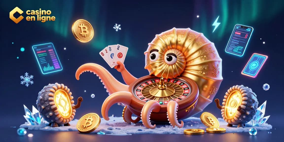 Profitez d'une illustration 3D mettant en avant le casino en ligne avec un nautilus géant et des pièces de crypto-monnaie lumineuses.