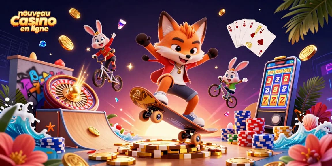 Découvrez le nouveau casino en ligne avec des personnages de jeu et des éléments de casino colorés.