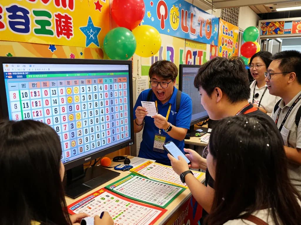 Community members excitedly checking their HK Lotto tickets at a vibrant lottery event.