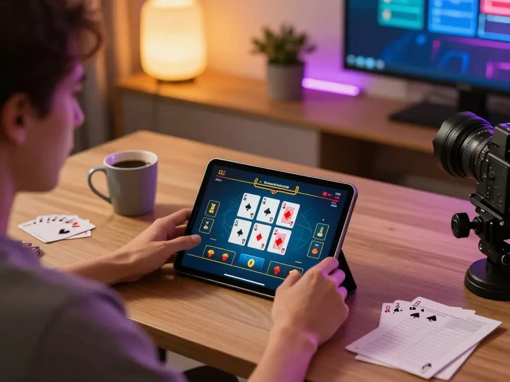 ALO8 online poker gaming scene with a player strategizing on a tablet in a cozy home office.