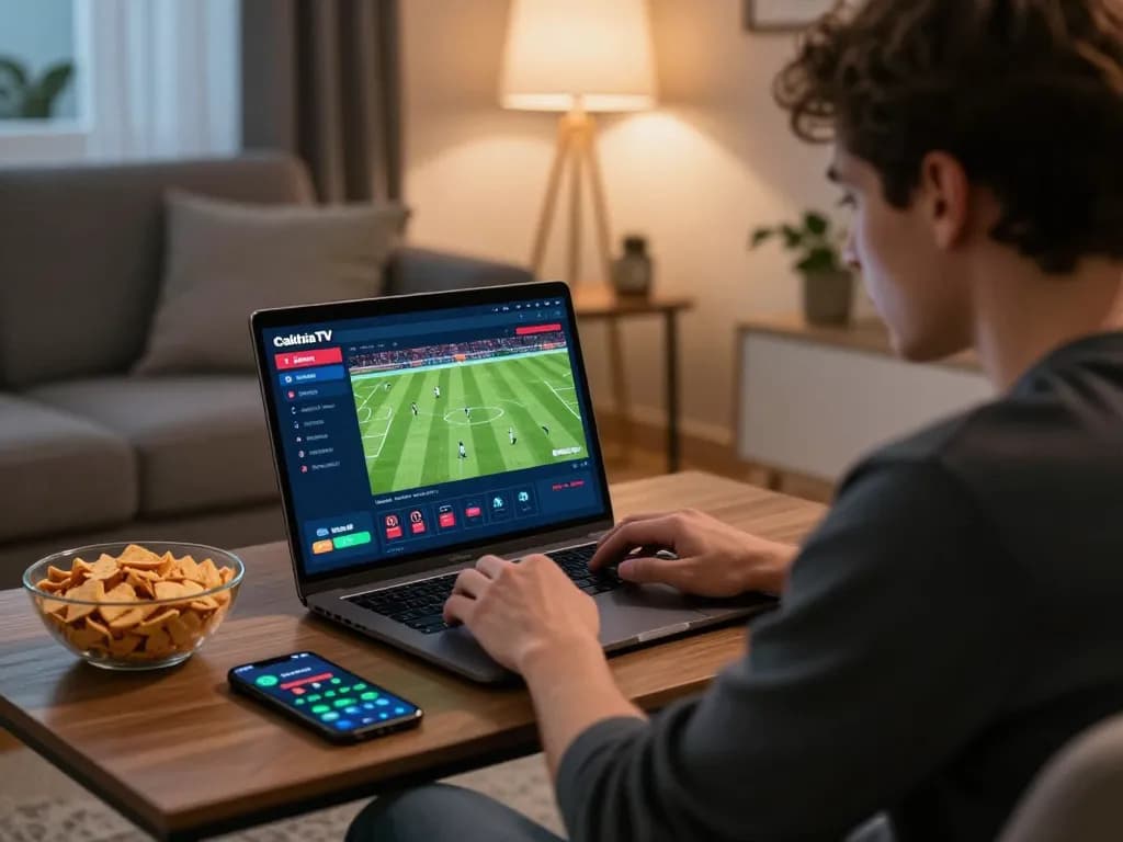 CakhiaTV live stream on laptop while a sports betting enthusiast enjoys a cozy home setup.