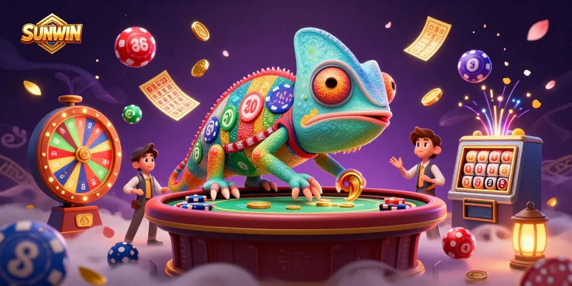 SUNWIN chameleon casino owner catching golden coins with dynamic lottery elements and rich visuals.