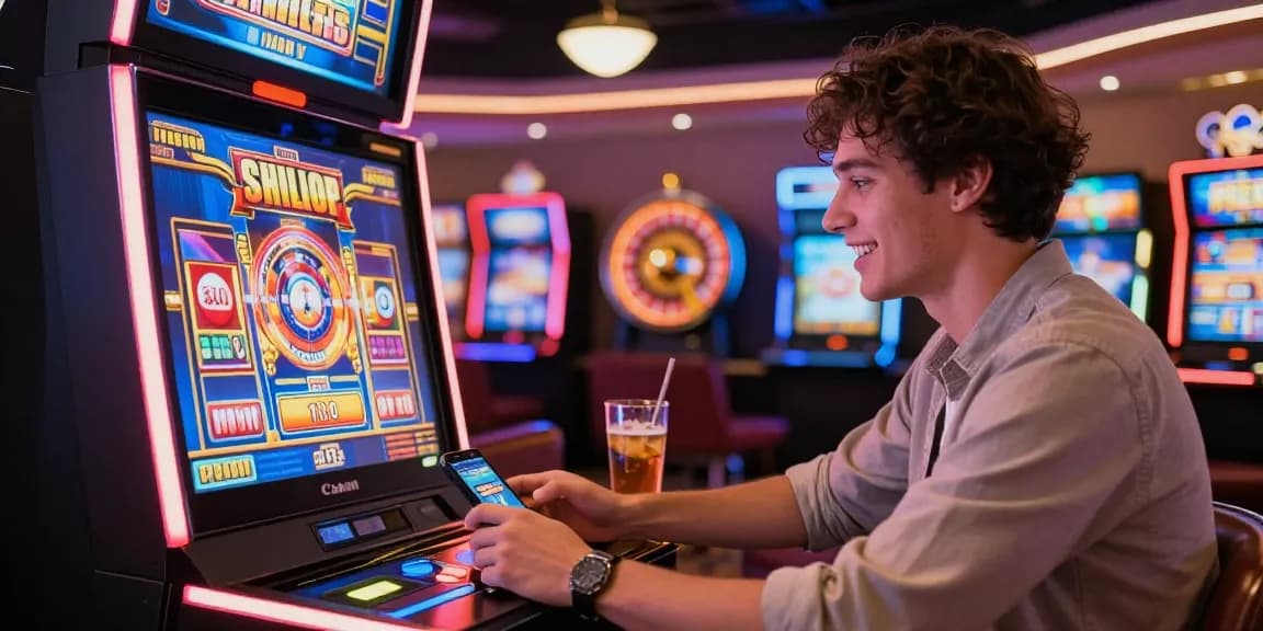 Engaging player enjoying spin million casino on smartphone amidst vibrant casino atmosphere.