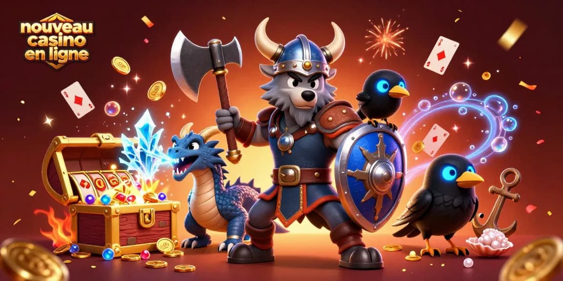 Jouez à des machines à sous au nouveau casino en ligne avec un dragon et un guerrier dans une scène animée.