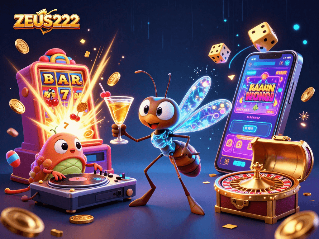 Experience ZEUS222's thrilling casino atmosphere with vibrant slots and entertaining characters