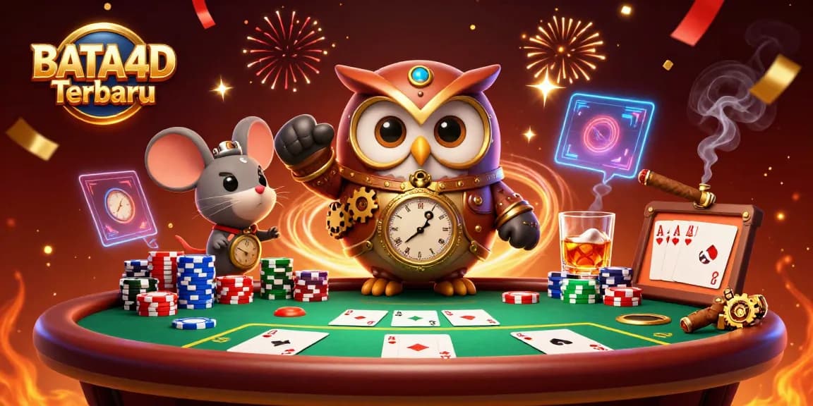 BATA4D Terbaru showcases a lively casino scene with a steampunk owl and clockwork mouse, surrounded by poker elements, vibrant details, and celebratory effects.