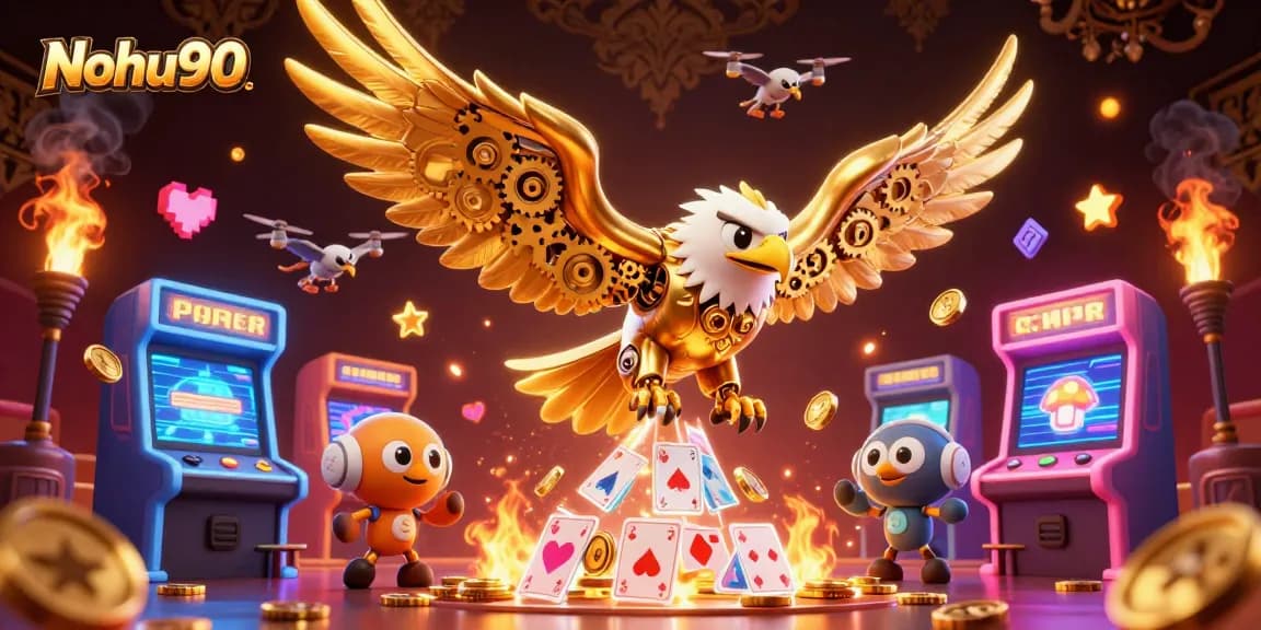 Nohu90 showcases an exciting gaming experience featuring a golden eagle amidst holographic cards and vibrant arcade elements.