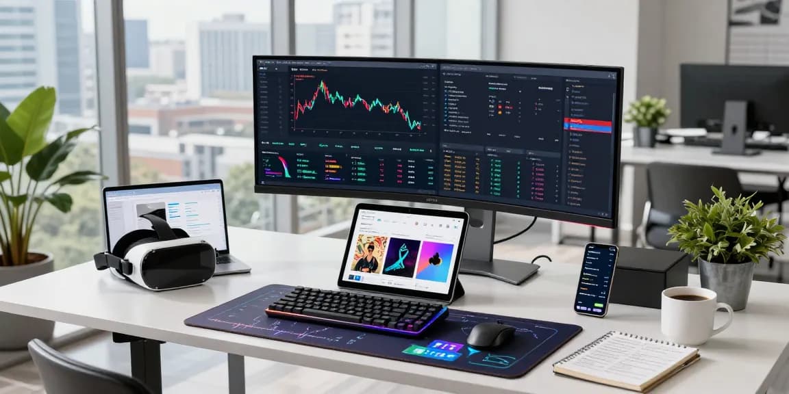 Cricbet trading workspace featuring cryptocurrency dashboard, digital wallet, and NFT art analysis in a professional tech environment.