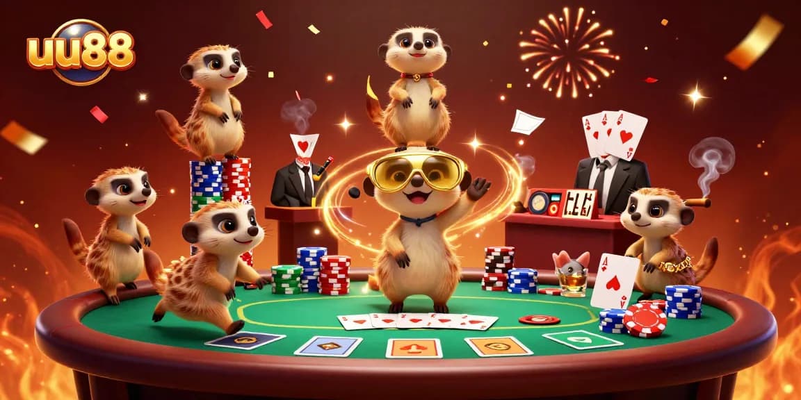 Engage in exciting gameplay at uu88's animated casino where meerkats deal cards and stack chips.
