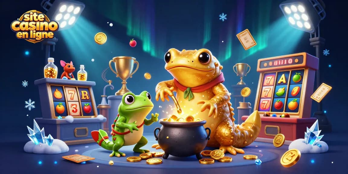 Illustration dynamique d'un site casino en ligne avec un alchimiste et des éléments de jeu.